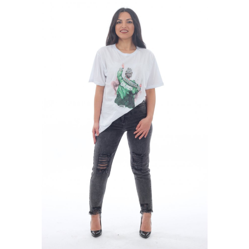 Beyaz Renk Queen Baskılı Taşlı Kadın Tunik