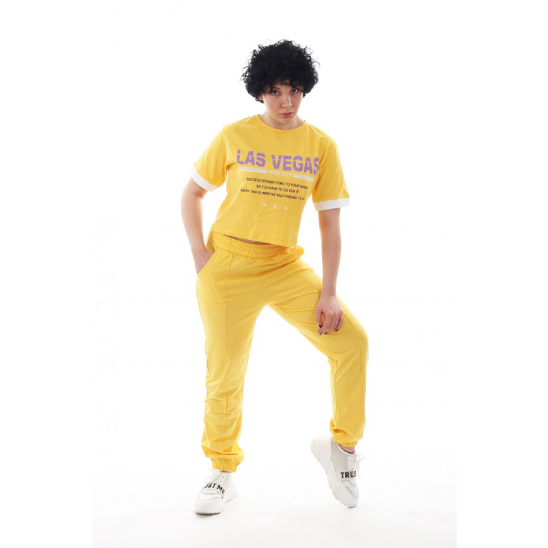 Sarı Renk Mor Baskılı Kadın T-shirt